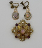 Opal and amethyst colored pin and earrings, 1 1/2