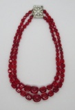 Red cubed glass double strand beaded choker, hand tied, 14