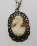 Marcasite cameo pendant, silver, 16