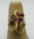 14kt yellow gold cluster ring, semi precious stones and diamonds, size 5 1/2