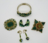 Very nice group of green rhinestone pins, bracelet and earrings