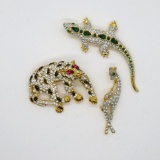 Three inset rhinestone animal pins, gecko, giraffe and leopard, 2