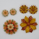 Two pin and earring sets, floral, c 1970's designs, 2