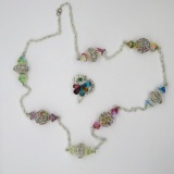 Multi colored rhinestone and glass beaded necklace and pin