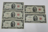 Five two dollar bills, series 1953, 1953B and 1963