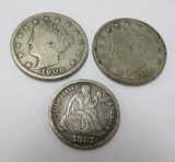 1906 and 1909 Liberty head nickel & 1887 seat liberty dime