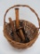 Split oak basket and nine wooden spools