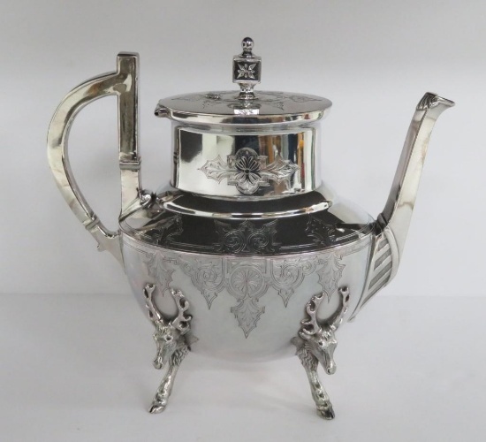 9" 1875 Meriden B Company plated coffee pot with stag heads, Gorgeous