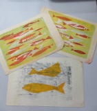 Three pieces of Mid Century Modern art, fish motif, 1954