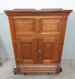 Large Oak Ice Box, Lift top with two lower doors, 36