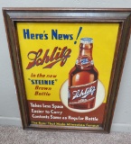 Here,s News Schlitz Steinie bottle advertisement framed, 22