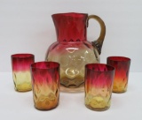 Antique Amberina pitcher and four tumblers, coin dot, thumbprints