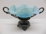 Art glass fluted Brides basket in silver plate stand holder