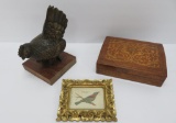 Inlay wood box, metal chicken figure and Blue Headed Tanager cigarette silk