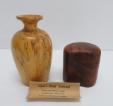 Two specialty wood pieces, vase and covered box, 5