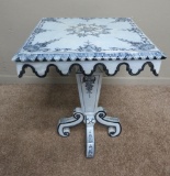 Ornate enamel side table, blue and white