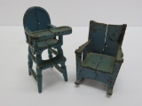 Cast iron Kilgore style doll size rocking chair and high chair
