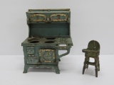 Cast iron Blue Bird stove and cast iron high chair