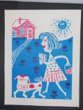 Mid Century Modern print silk screen, marked ME, girl with dog and book, 20