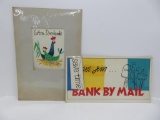 Two original banking advertising art pieces, Save Time Bank by Mail and Extra Dividends