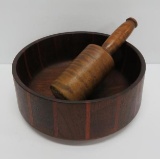 Turned wooden bowl and masher, Mid Century styling