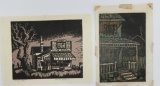 Two Mid Century Modern Herman Yokers Jr wood block prints, Front Porch and Country Store