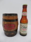 Wooden Blatz barrel bank and Blatz Pilsener bottle, 8