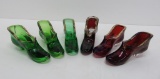 Six forest green and ruby glass slipper shoes, 5