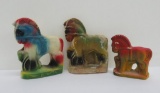 Three Carnival glass chalkware horses, Trojan horse style, bookend shape, 4