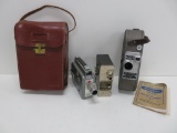 Three vintage 8 mm movie cameras, Moviematic, Kodak and Keystone