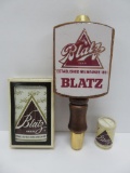 Vintage Blatz beer advertising, tapper, cards and shaker