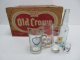 Old Crown beer case, three beer glasses and Ruhlands Baraboo Beer Bottle