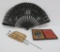 Vanity lot with hat pins, ornate painted fan and tin type