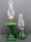 Two vintage emerald green oil lamps