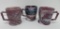 Three purple slag glass mugs with birds and floral, 3 1/2