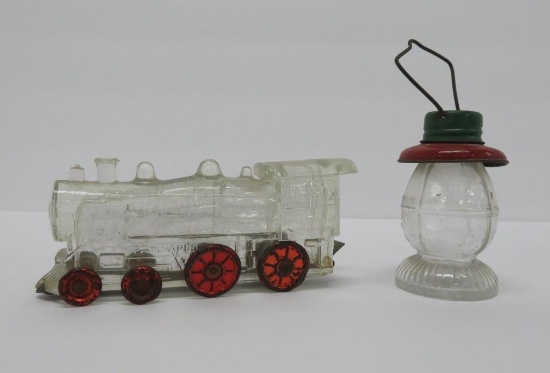 Two railroad candy containers, 3" railroad lantern and 5" engine