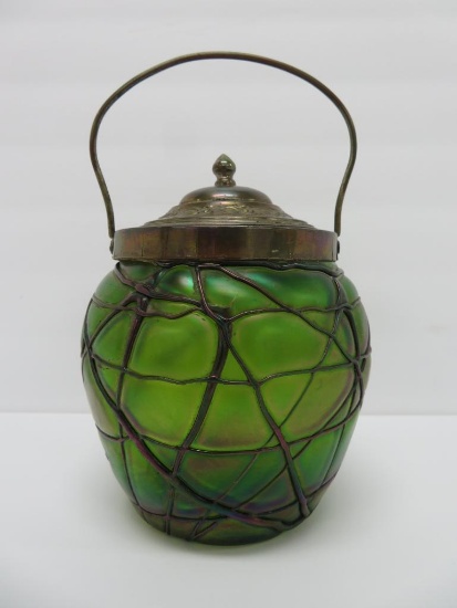 Lovely Austrian Art Nouveau art glass biscuit jar, 7 1/2"