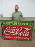 Large enamel two sided Coca Cola Fountain Service sign, 60