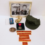 US Marine Corp lot with hat, buckle, patches, medal and Medal of honor recipient picture