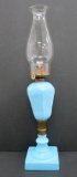 Lovely blue milk glass oil lamp, 11