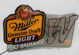 Miller Genuine Draft Light Neon with Wisconsin Flying W, Go Badgers, working, 3' x 24
