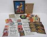 About 50 pieces of pin up art, blotters, postcards, record and more