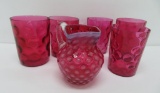 5 Cranberry glass tumblers and creamer