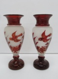 Pair of ruby to clear vases, birds, 6 1/2