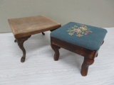 Two vintage footstools, wood and metal