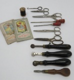 Vintage sewing items, needle cases, tools and ornate scissors
