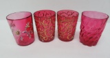 Cranberry tumblers, four pieces, three are decorated, 4