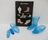 Five vintage blue glass shoes, slippers, pipe holder and collector reference book signed by author