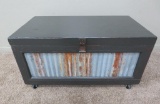 Upcycled wooden trunk, galvanized sides, brightly painted interior, wheeled piece, very FUN