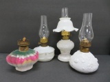 Three milk glass small oil lamps, 9